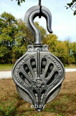 Antique Vintage Stowell Cast IronTrolley Line Pulley Barn Farm Tool Art Deco