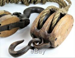 Antique Vintage Wooden Block Tackle Pulley System-2 double pulley and one single