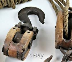 Antique Vintage Wooden Block Tackle Pulley System-2 double pulley and one single