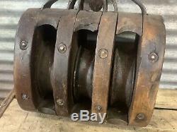 Antique Vtg Early 1900s Wood & Cast Iron 3 Row Block & Tackle Pulley Primitive