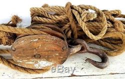 Antique Wood/Cast Block & Tackle Pulley WithRope Maine Barn Find Weighs 35 LBS