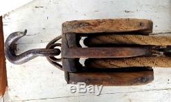 Antique Wood/Cast Block & Tackle Pulley WithRope Maine Barn Find Weighs 35 LBS