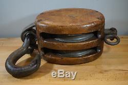 Antique Wood/Cast Iron Boat Ship Maritime Barn Block & Tackle Pulley 27 38lb