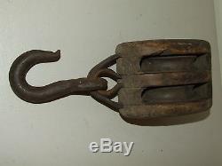 Antique Wood/Cast Iron Boat Ship Maritime Farm Barn Double Block & Tackle Pulley