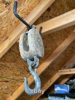 Antique Wood Cast Iron, and Brass Pulley Block with Barn Hook