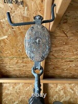 Antique Wood Cast Iron, and Brass Pulley Block with Barn Hook