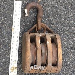 Antique Wood Iron Triple BLOCK 3 wheels TACKLE PULLEY Farm Maritime Industrial