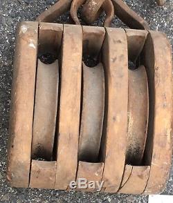 Antique Wood Iron Triple BLOCK 3 wheels TACKLE PULLEY Farm Maritime Industrial