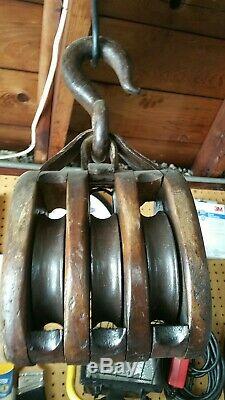 Antique Wood & Iron Triple Block & Tackle Pulley. Maritime