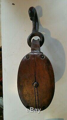 Antique Wood & Iron Triple Block & Tackle Pulley. Maritime