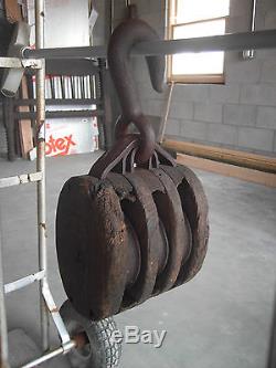 Antique Wood Pulley Large 3 Rollers Block & Tackle Iron Hook Steampunk Deco