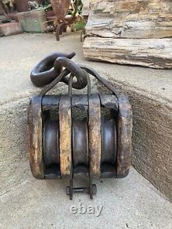 Antique Wood Triple Block 3 Wheel Pulley with Hook Farmhouse Nautical