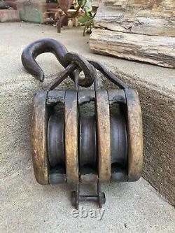 Antique Wood Triple Block 3 Wheel Pulley with Hook Farmhouse Nautical