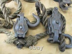 Antique Wood Wooden Block Tackle Barn Farm Pulleys Hooks & Rope Rustic Decor Lot