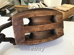 Antique Wooden Pulley Hand Forged Iron Hook Very Unusual Nautical Block Tackle