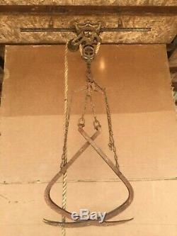 Antique barn hay trolley with track & hay fork rustic light fixture