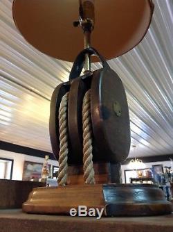 Antique double Wooden Pulley-Block and Tackle Nautical Steampunk Lamp cast iron