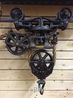 Antique hay trolley barn pulley cast iron farm tool vintage carrier unloader