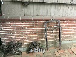 Antique hay trolley cloverleaf unloader FE Meyer pair with tracks and hay tongs