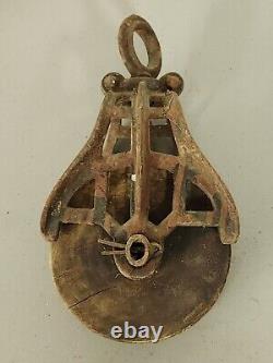 Antique vintage Cast Iron and Wood Barn Pulley