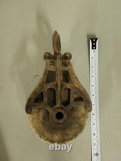 Antique vintage Cast Iron and Wood Barn Pulley