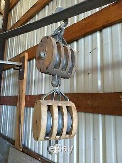 Antique vintage wooden triple pulley set, USA made 5