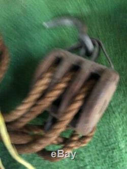 Antique wood & iron Triple block & tackle/pulley with several feet of rope
