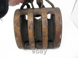 Antique wood triple PULLEY with HUGE IRON HOOK