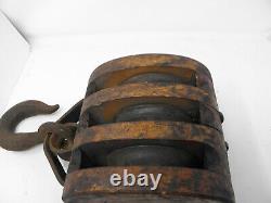 Antique wood triple PULLEY with HUGE IRON HOOK