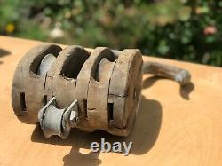 Antique wood triple block 3 missing 1 wheel pulley With Iron Hook Vintage