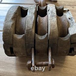 Antique wood triple block Co. 3 wheel pulley With Iron Hook Vintage