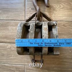 Antique wood triple block Co. 3 wheel pulley With Iron Hook Vintage