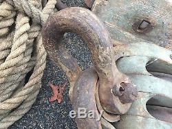 Awesome HUGE Vintage Nautical Block And Tackle Pulleys With Original 1 Rope