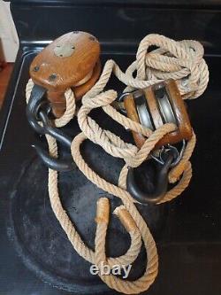 BOSTON LOCKPORT Block Co WOOD & METAL PULLEY SET 4 6 inch with rope