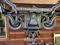 Beautiful Myers WOOD BEAM Hay Trolley Pulley Pat'd 1884 Cast Iron Farm Barn Tool
