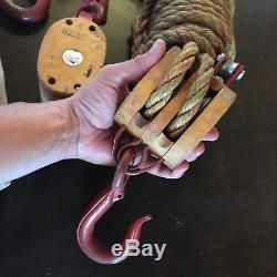 Block And Tackle Iron Wood Pulley Rope Farm Barn Decor Red Hooks PRIORITY MAIL