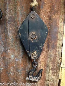 Block & Tackle Metal Rope Pulley Rust Antique Vintage Industrial Steampunk Decor