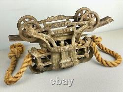 Estate Antique Cast Iron F. E. Myers & Bro Barn Farm Hay Trolley Pulley & Rope