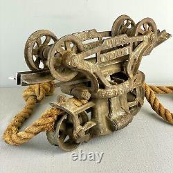 Estate Antique Cast Iron F. E. Myers & Bro Barn Farm Hay Trolley Pulley & Rope