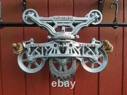 F. E. Myers Cloverleaf Steel Bearing Hay Trolley with Drop Restored Barn Pulley