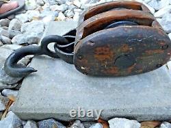 Fine Old Vintage Antique Double Wood Block & Tackle Pulley Boating Farming