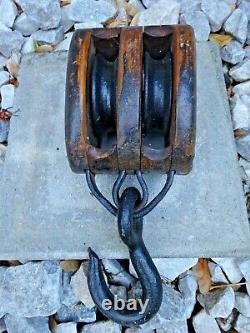 Fine Old Vintage Antique Double Wood Block & Tackle Pulley Boating Farming