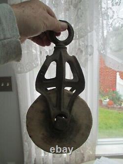 GREAT ANTIQUE 1800S SAILING SHIP or Barn Wood WHEEL RIGGING PULLEY -WOOD & IRON