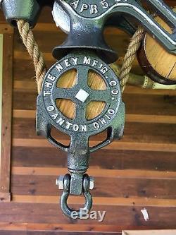 Gorgeous Antique Ney Wood Sheave Hay Trolley Pulley Pat'd 1887 Cast Iron Tool