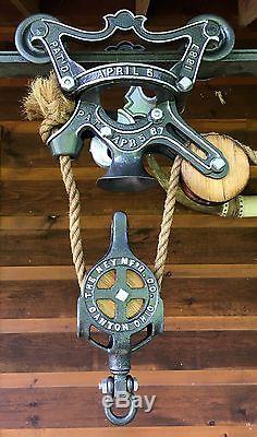 Gorgeous Antique Ney Wood Sheave Hay Trolley Pulley Pat'd 1887 Cast Iron Tool