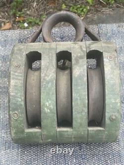 Green Triple Pulley Iron and Wood Antique Man-Cave Wood Casing / Iron 8 1/4 X 8