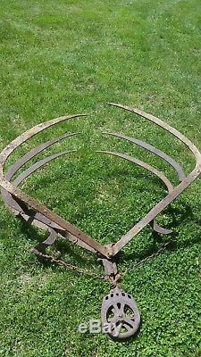 H442- ANTIQUE F. E. MYERS HAY TRIPLE-HARPOON (FORKS) and (PULLEY) FARM TOOL