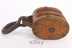 HUGE Vintage Wooden Double Block & Tackle Iron Pulley Wheels & Hook 1 1/2 Rope