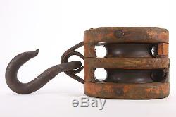 HUGE Vintage Wooden Double Block & Tackle Iron Pulley Wheels & Hook 1 1/2 Rope