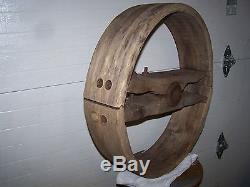 Huge 24 Antique Wooden Flat Belt Pulley Wheel Steampunk Industrial Table Top